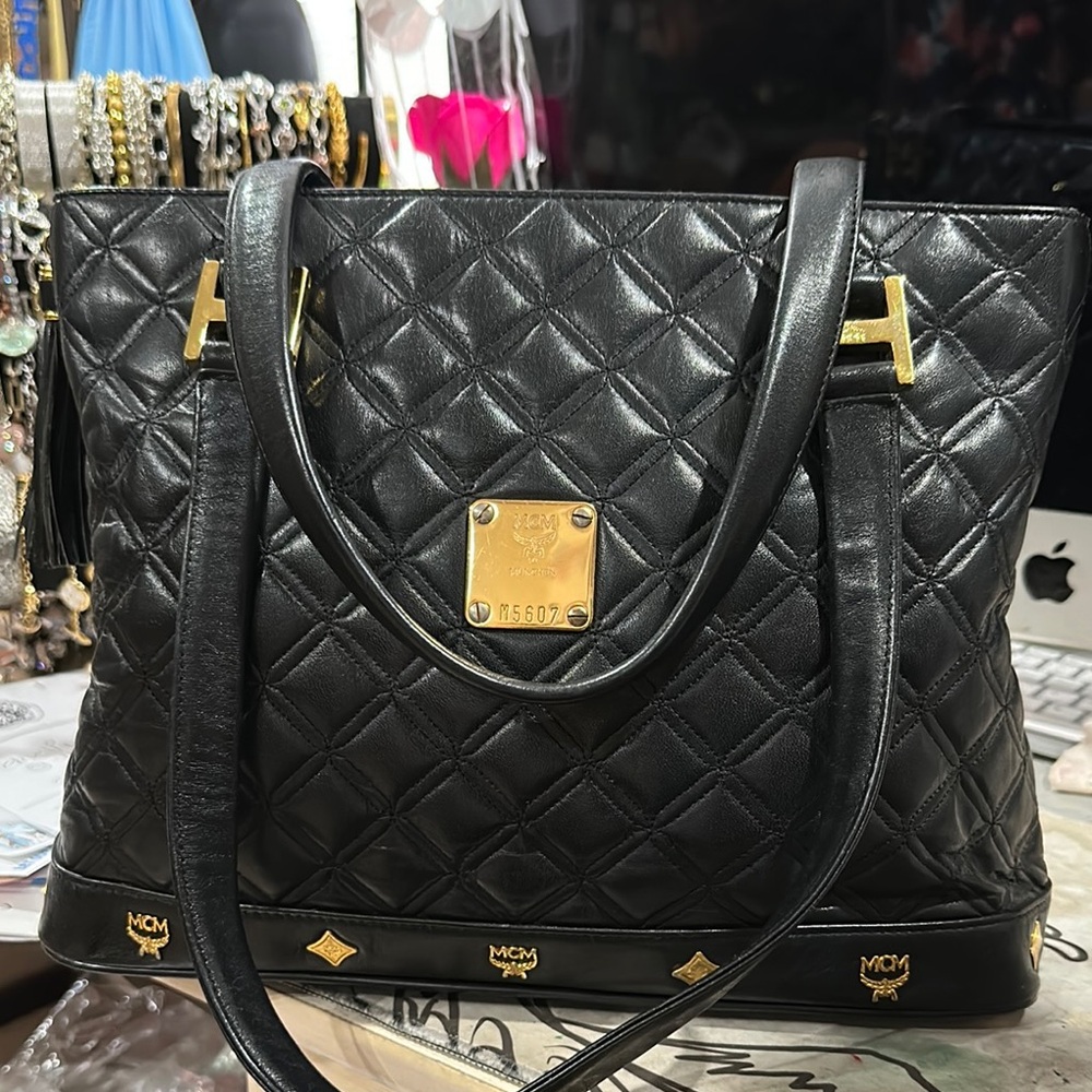MCM Black Quilted Tote with Gold Accents